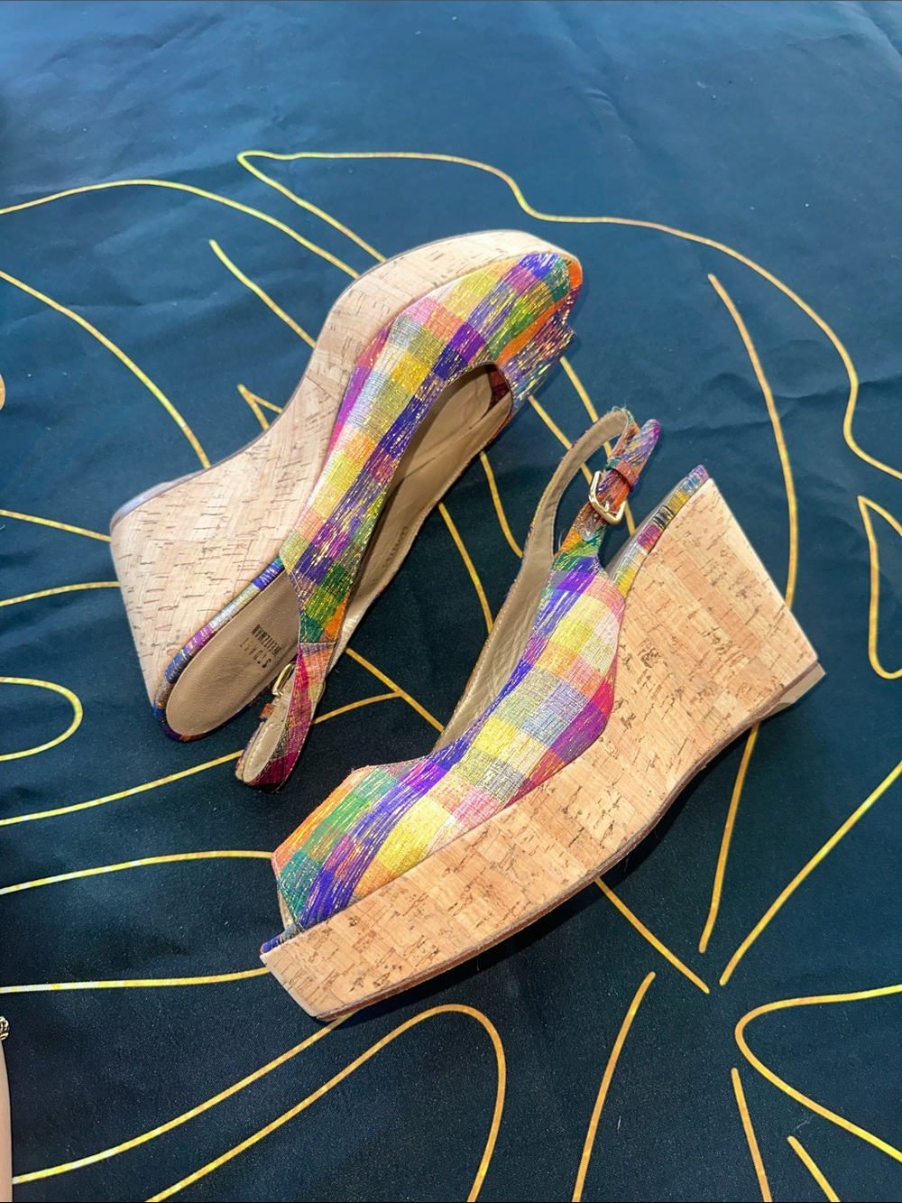 Stuart Weitzman Multicolor Plaid Cork Wedge Sandals - Picture 4 of 10